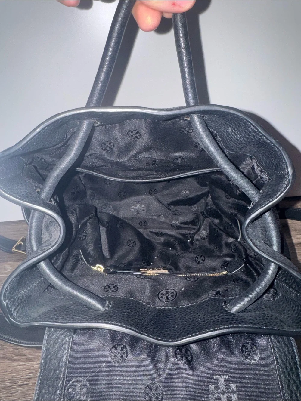 Black Leather Backpack with Gold Logo